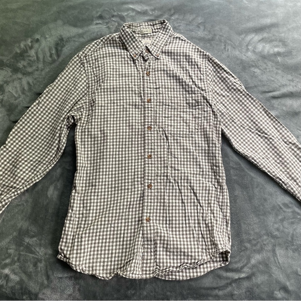 J. Crew Gray and White Checked Brushed Twill Button-Up Shirt